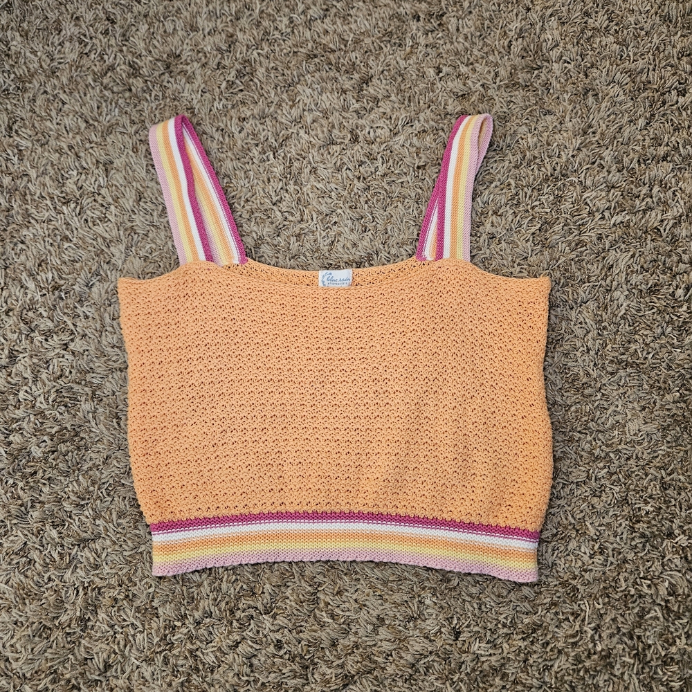 Francescas Blue Rain Crop Tank Top Womens M Orange Crochet Knit 100% Cotton Boho